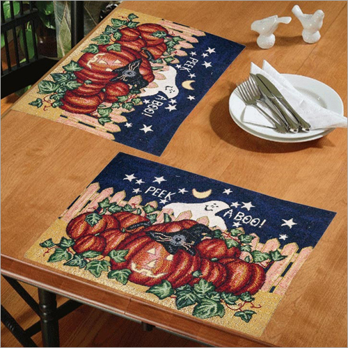 Printed Table Mat - Polyester, 13 x 19 Inches | Blue with Pumpkin and Ghost Design, Set of 2