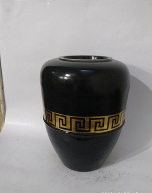 Leafes Funeral Urn - Iron, 10" Dia X 8" Base X 5" , Black Or Powder Coated Finish, Enamel Technique, Religious Style