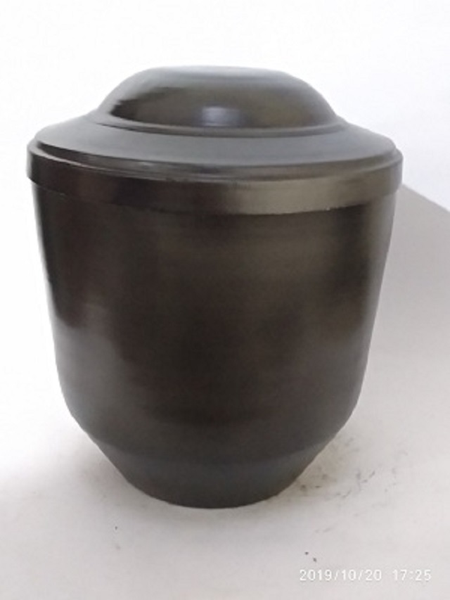 Leafes Funeral Urn - Iron, 10" Dia X 8" Base X 5" , Black Or Powder Coated Finish, Enamel Technique, Religious Style