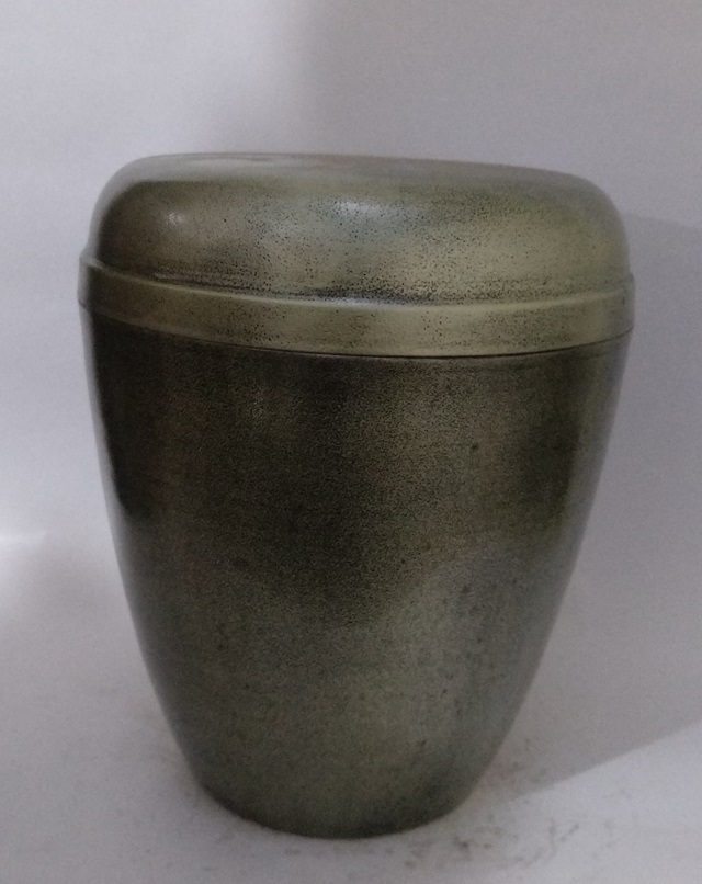 Leafes Funeral Urn - Iron, 10" Dia X 8" Base X 5" , Black Or Powder Coated Finish, Enamel Technique, Religious Style