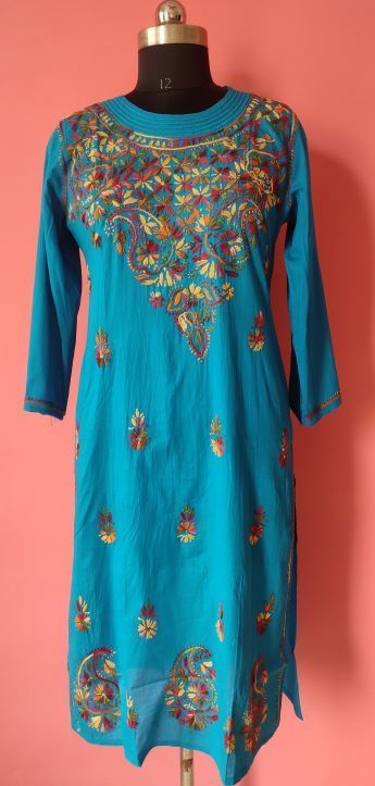 Ladies Kurti - Cotton, Plus Size Available, Turq Color, Full Sleeves, Kashmeeri Embroidery, Embroidered Pattern, Anti-Wrinkle, Breathable, Washable