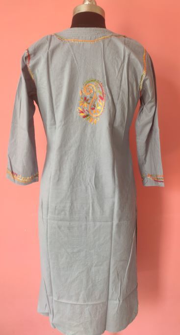 Cotton Kurti - Cotton, Xs To Xxxl Plus Size, Light Grey, Full Sleeves | Multi Colour Thread Embroidered, Non Toxic, Washable, Breathable