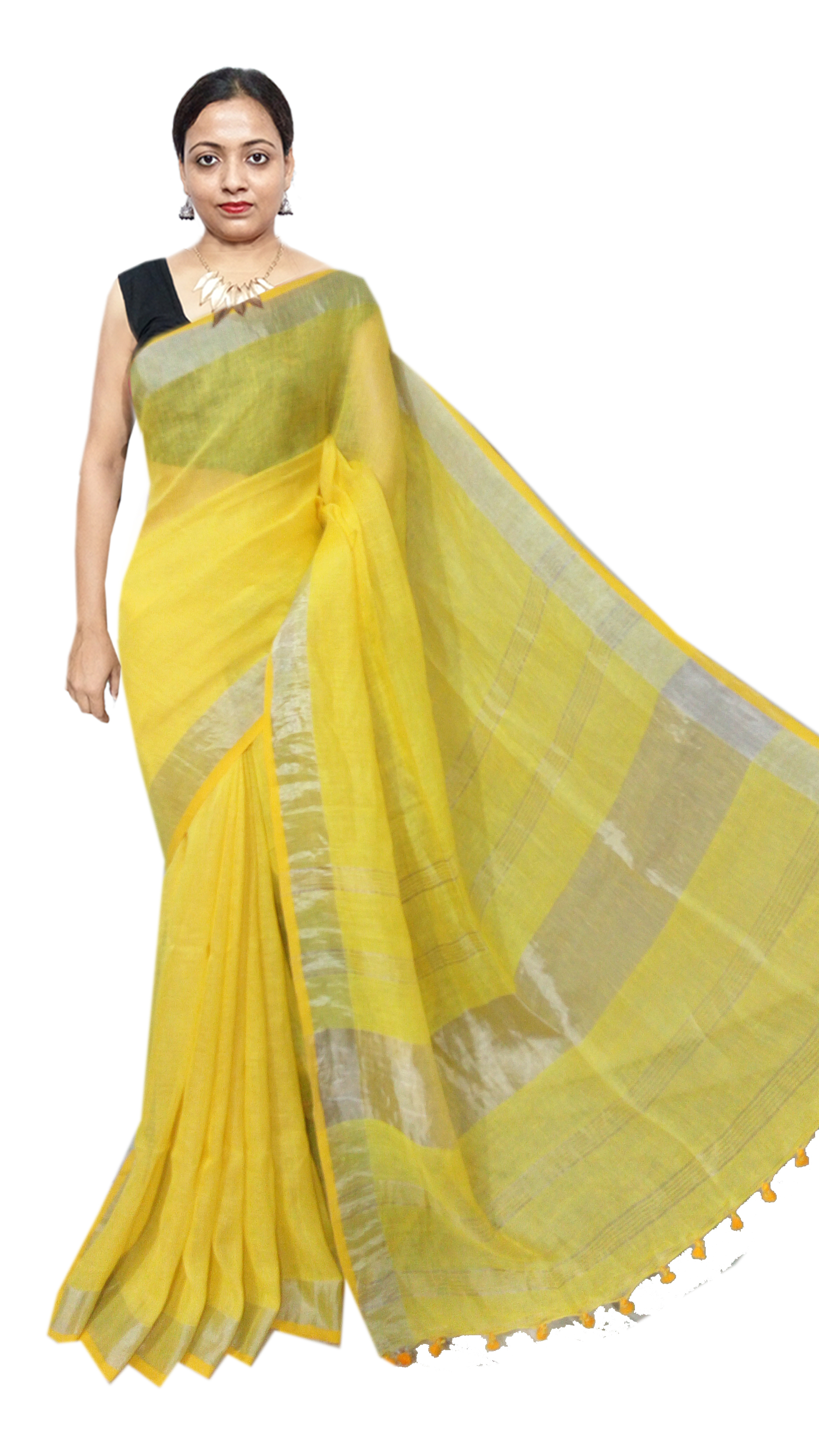 Linen Saree - Organic Linen, 6.5 Mtr Length With Blouse Piece | Handwoven, Zari Work, Lightweight, Ideal For Hot And Humid Climates