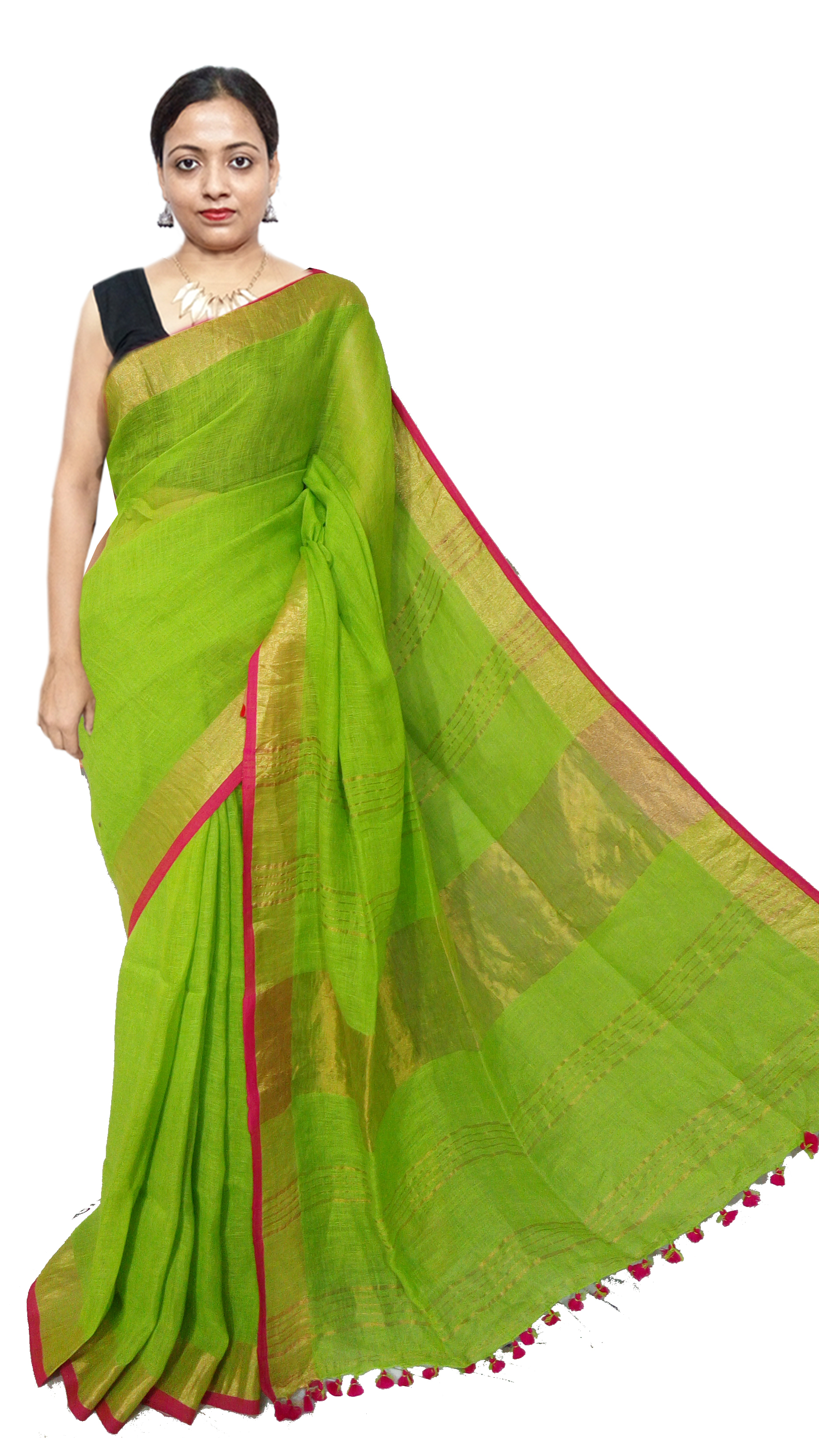 Linen Saree - Organic Linen, 6.5 Mtr Length With Blouse Piece | Handwoven, Zari Work, Lightweight, Ideal For Hot And Humid Climates