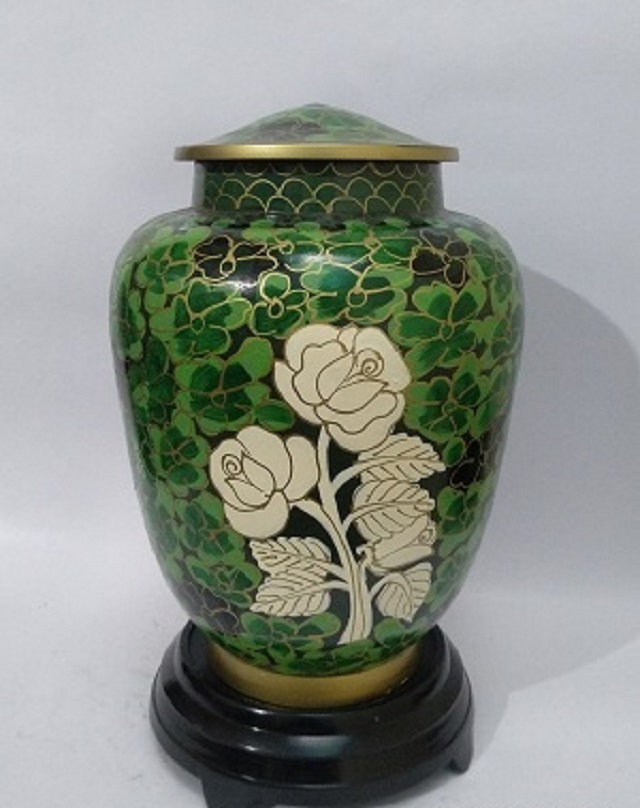 Cloisonne Vase Cremation Urn - Metal Brass Size 10" Dia X 7" Base X 4.25" Red & Black Finish Handmade Religious Design With Cross