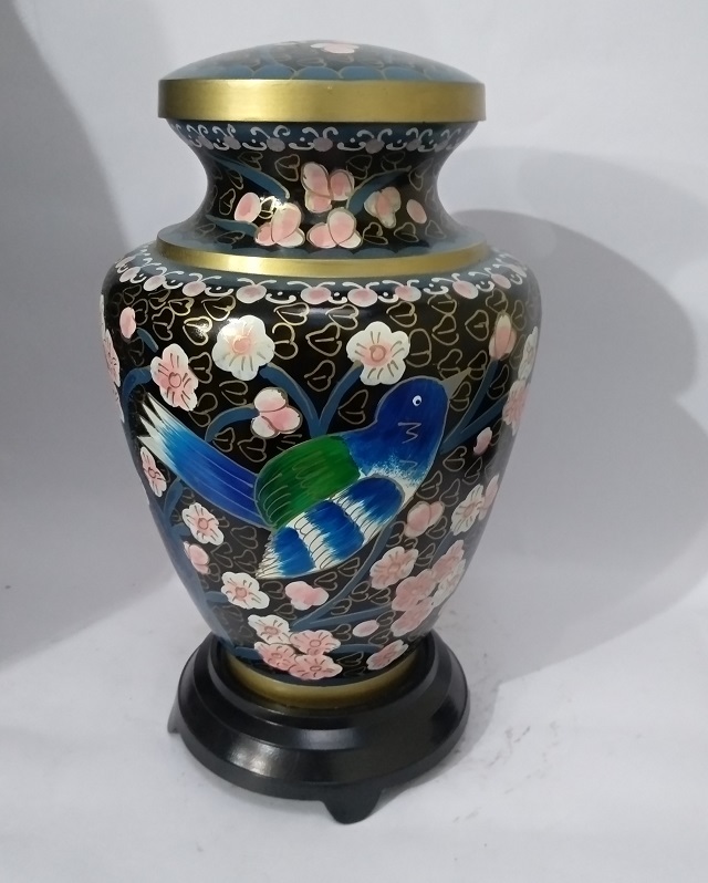 Cloisonne Vase Cremation Urn - Metal Brass Size 10" Dia X 7" Base X 4.25" Red & Black Finish Handmade Religious Design With Cross