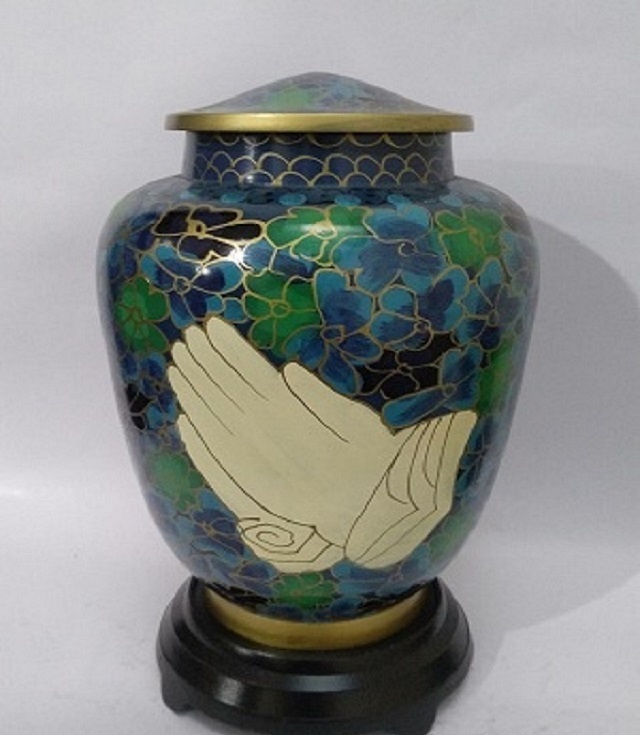 Cloisonne Vase Cremation Urn - Metal Brass Size 10" Dia X 7" Base X 4.25" Red & Black Finish Handmade Religious Design With Cross
