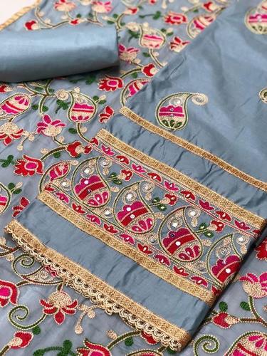 Cotton Suit - Cotton Fabric, Size 4XL, Length 1168.4mm | Embroidered Design with Mirror Glass & Stone Work, Semi-Stitched Top, Un-Stitched Bottom & Dupatta