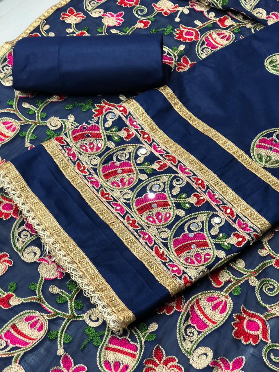 Cotton Suit - Cotton Fabric, Size 4xl, Length 1168.4mm | Embroidered Design With Mirror Glass & Stone Work, Semi-stitched Top, Un-stitched Bottom & Dupatta