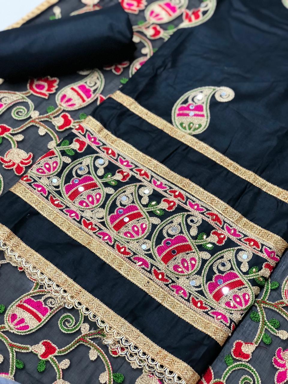 Cotton Suit - Cotton Fabric, Size 4xl, Length 1168.4mm | Embroidered Design With Mirror Glass & Stone Work, Semi-stitched Top, Un-stitched Bottom & Dupatta