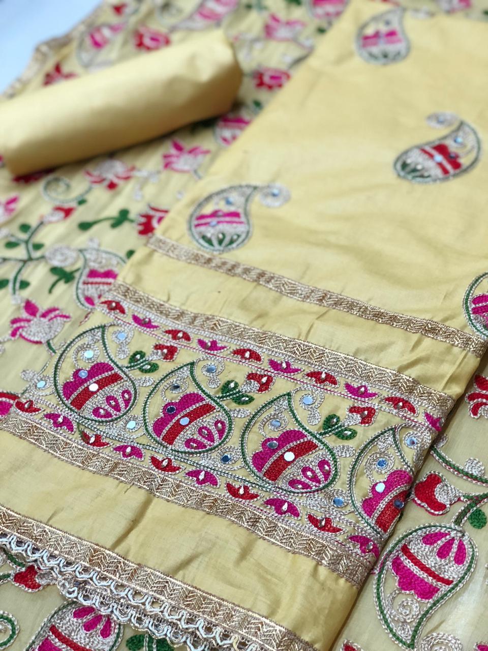 Cotton Suit - Cotton Fabric, Size 4xl, Length 1168.4mm | Embroidered Design With Mirror Glass & Stone Work, Semi-stitched Top, Un-stitched Bottom & Dupatta