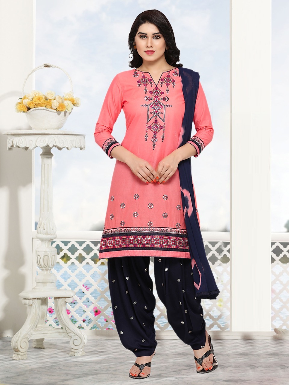 Cotton Dress Materials - Embroidered Cotton Top (2.50 Mtr) & Rayon Bottom (2.80 Mtr) | Plus Size, Indian Ethnic, Elegant Embroidery Design