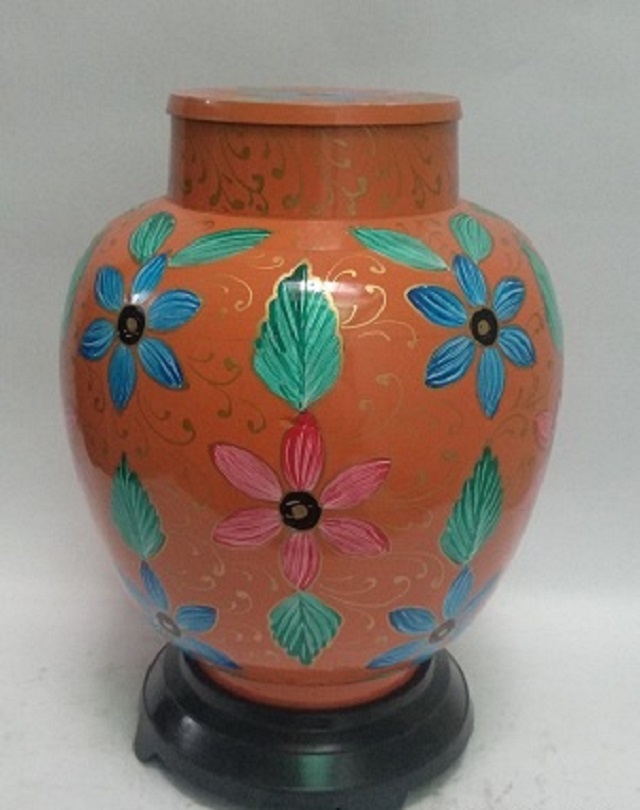 Hand Painted Cloisonne Urn - Metal Brass Finish , Handmade Religious Design In Custom Sizes And Green Color