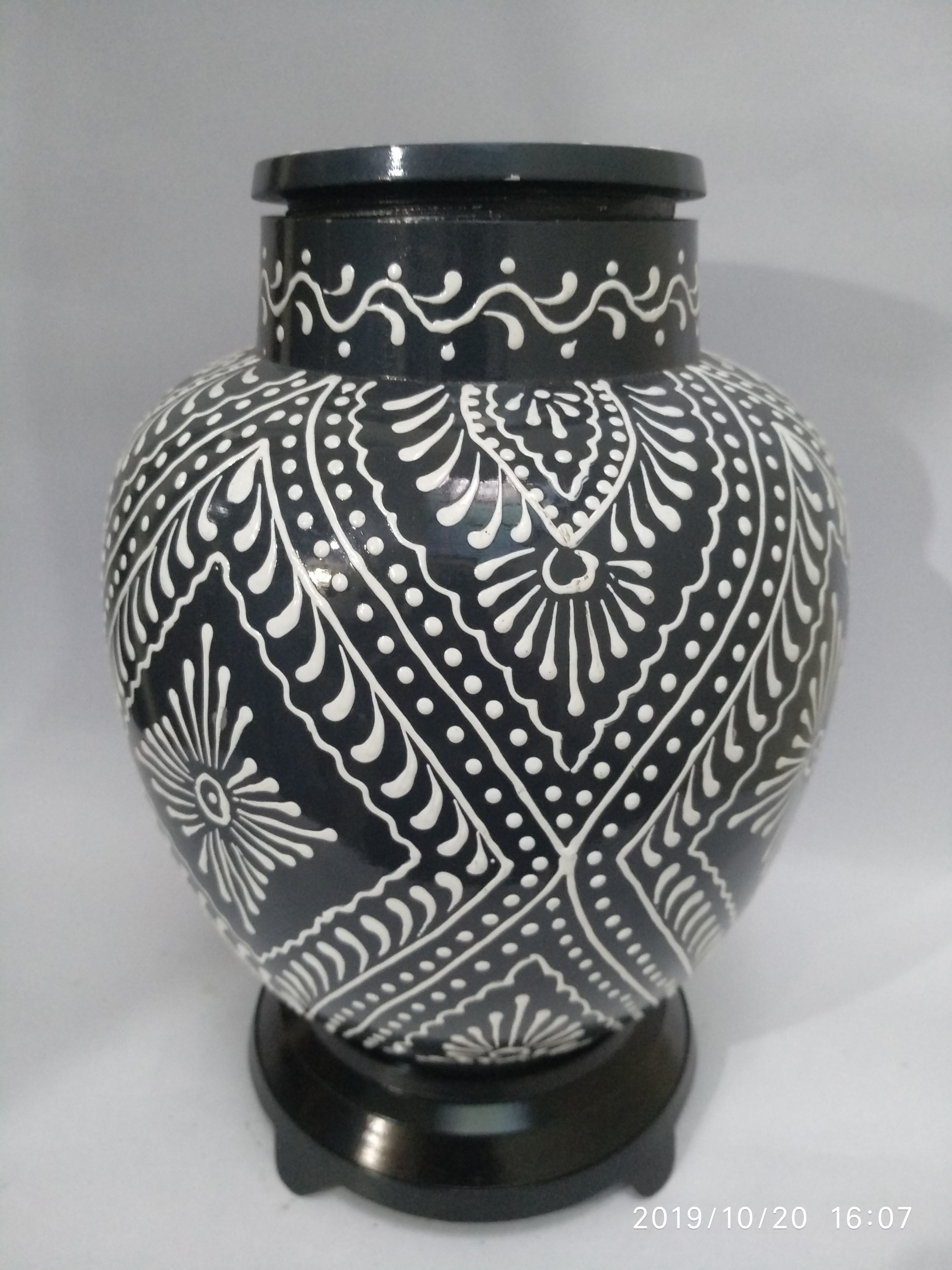 Hand Painted Cloisonne Urn - Metal Brass Finish , Handmade Religious Design In Custom Sizes And Green Color