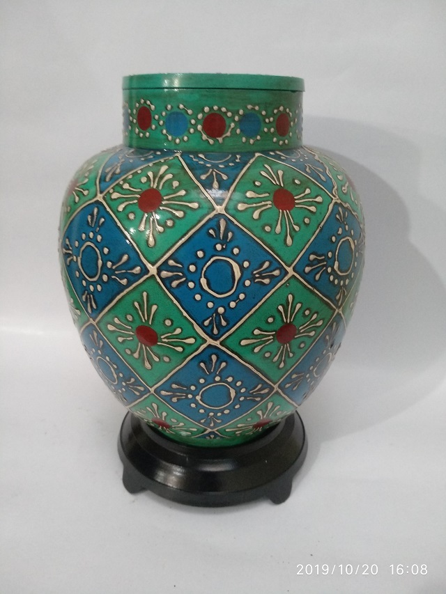 Hand Painted Cloisonne Urn - Metal Brass Finish , Handmade Religious Design In Custom Sizes And Green Color