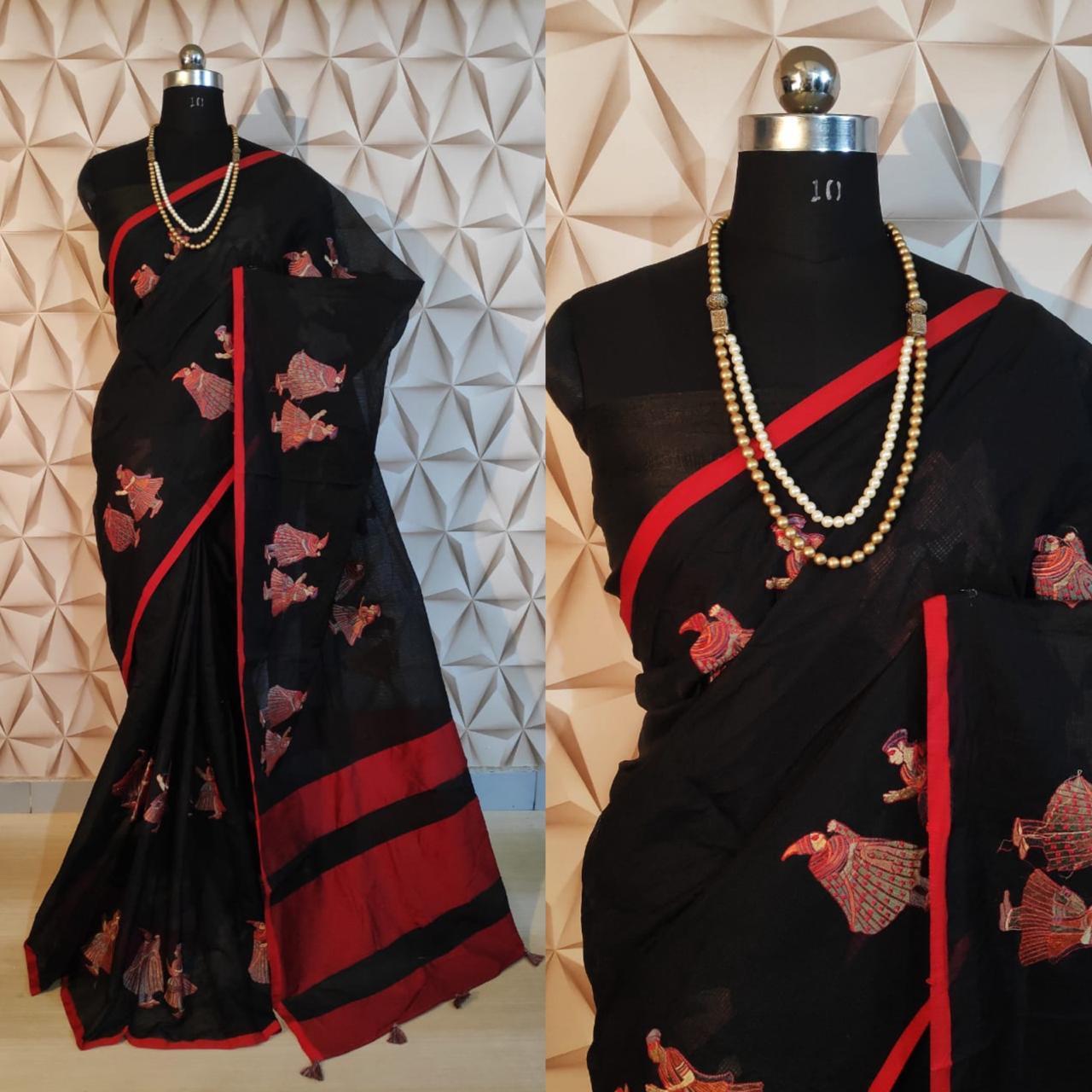 Embroidered Linen Saree