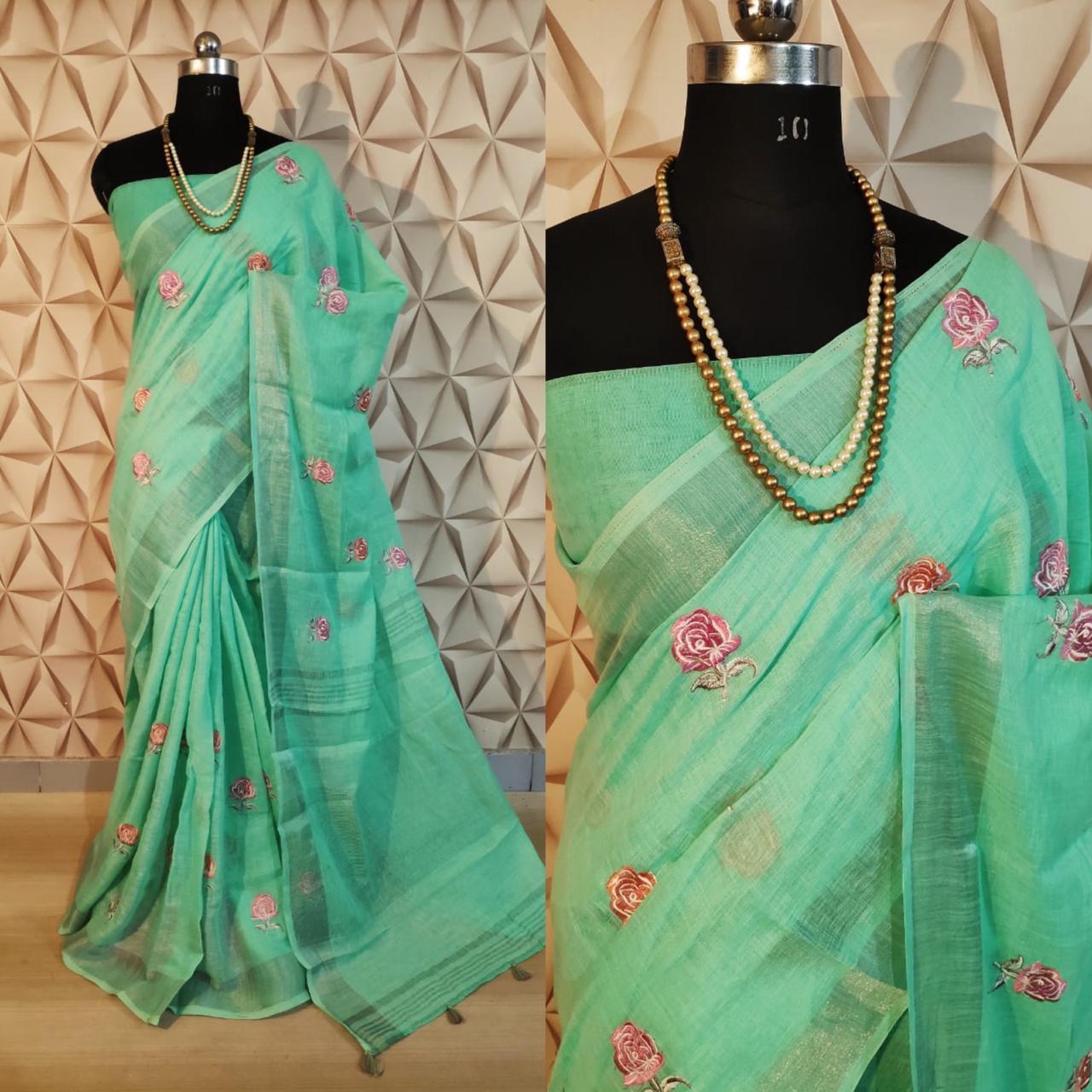 Embroidered Linen Saree