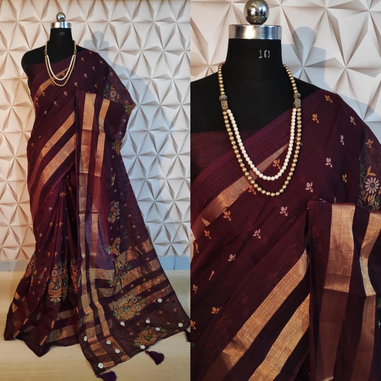 Embroidered Linen Saree