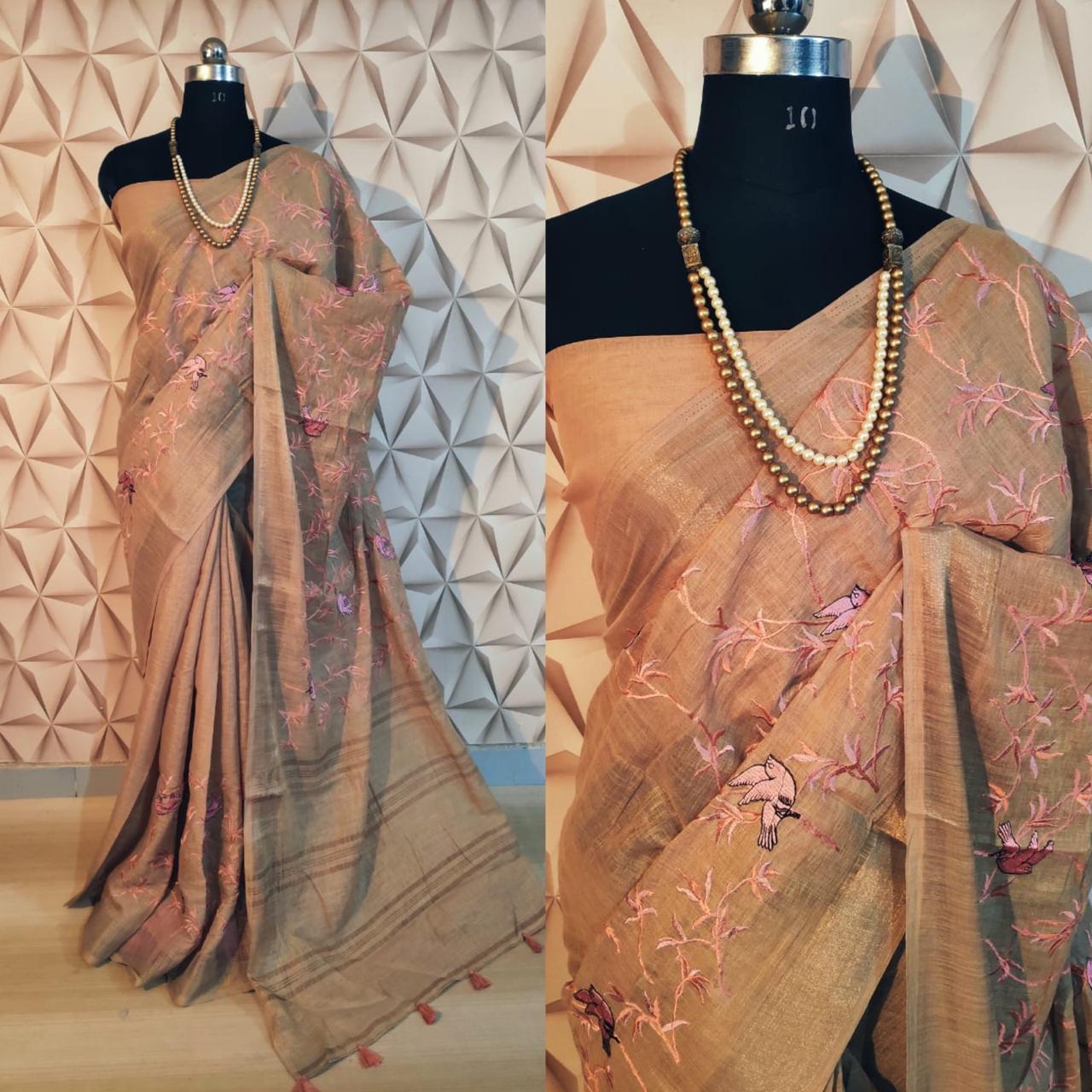 Embroidered Linen Saree
