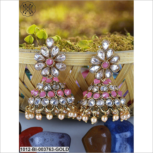 Ladies Studded Jhumka - Metal, Stone, Bead | Elegant Earrings For Anniversary, Engagement, Gift, Party Celebrations
