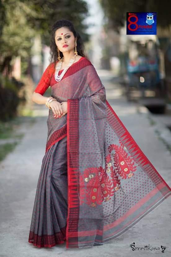 Red. Full Body Jori Work Jamdani Saree