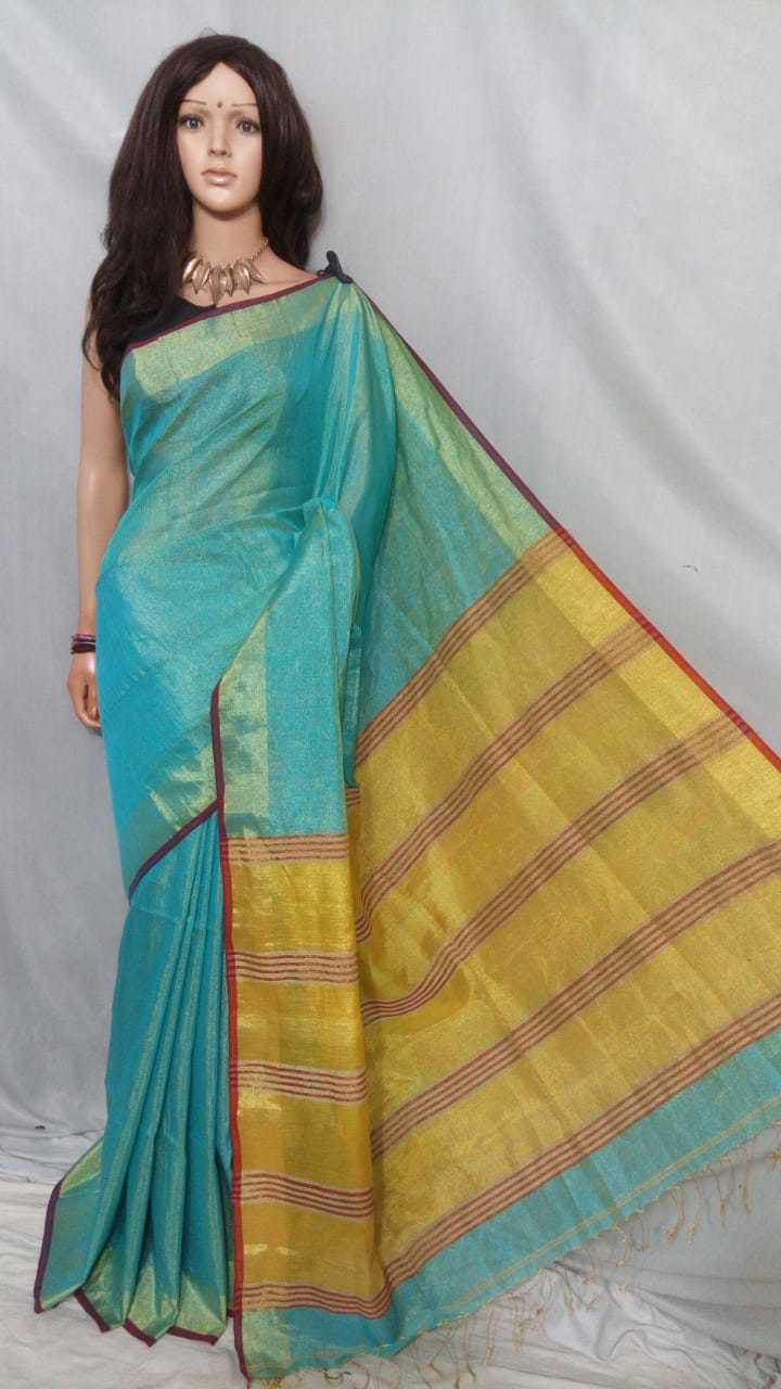 Blue. Tissue Linen Handloom Saree