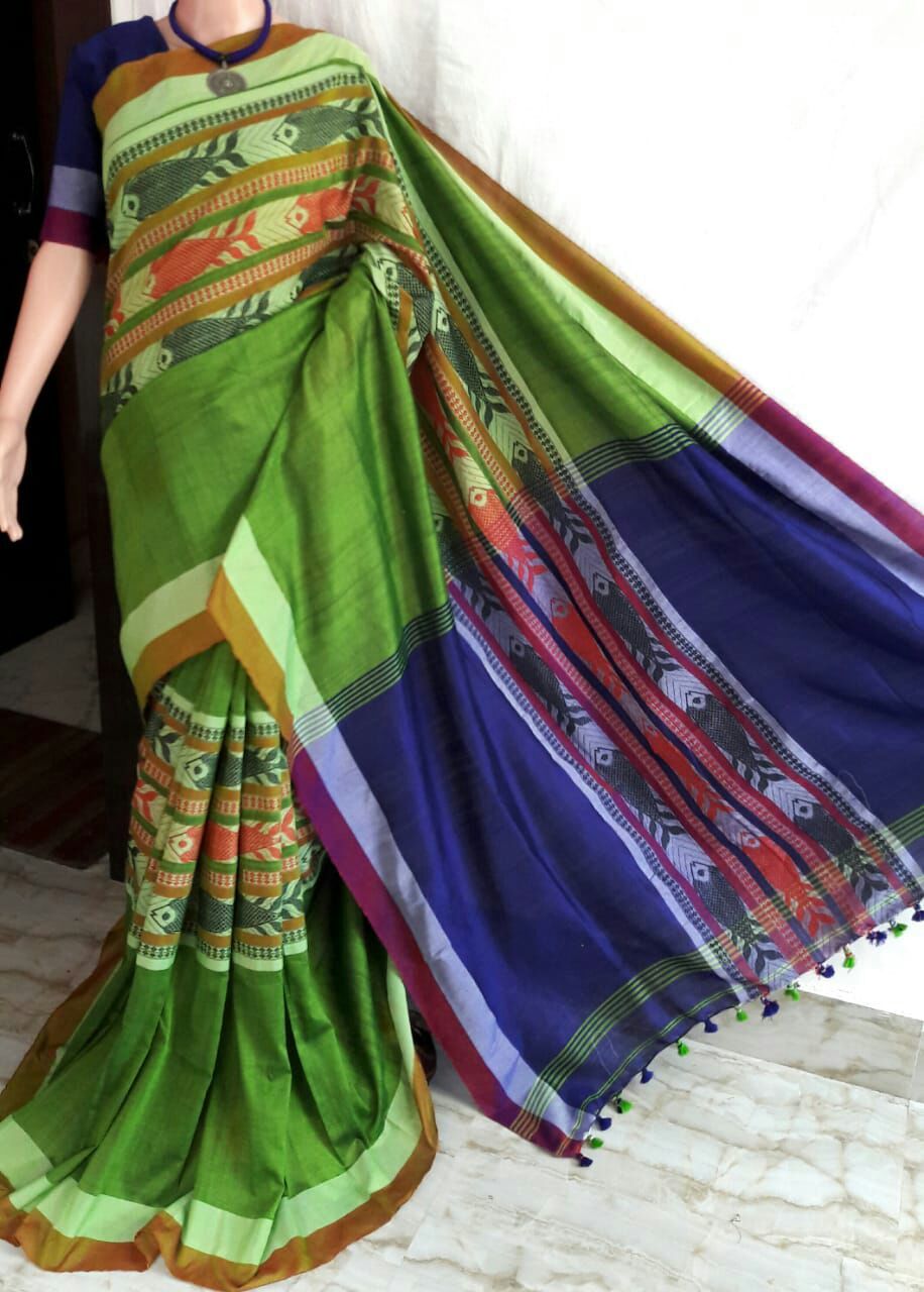 Fish Design Handloom Saree - Khadi Fabric, 5.5 M Length With Unstitched Blouse Piece | Premium Quality, Handwoven, Easy Wash, Formal Wear