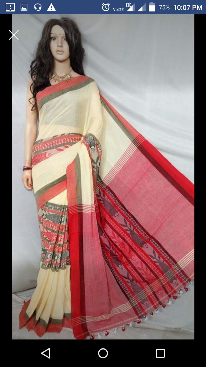 Fish Design Handloom Saree - Khadi Fabric, 5.5 M Length With Unstitched Blouse Piece | Premium Quality, Handwoven, Easy Wash, Formal Wear