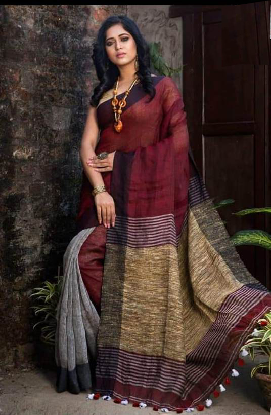 Gheecha Handloom Saree - Khadi Fabric, 6.5 Mt Size | Woven Pattern, Handwoven Style, Thread Work, Blouse Piece Included