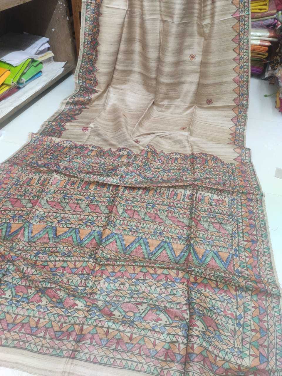 Handwoven Pure Tossor Madhubani Hand Paint Saree
