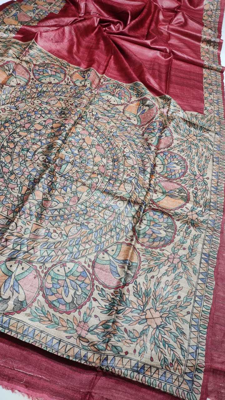 Handwoven Pure Tossor Madhubani Hand Paint Saree