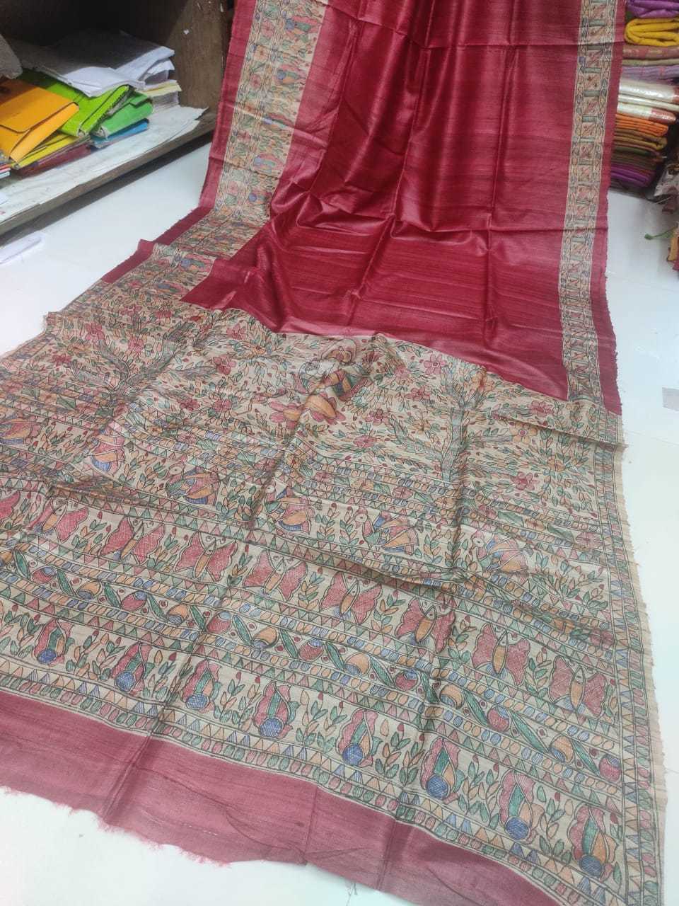 Handwoven Pure Tossor Madhubani Hand Paint Saree