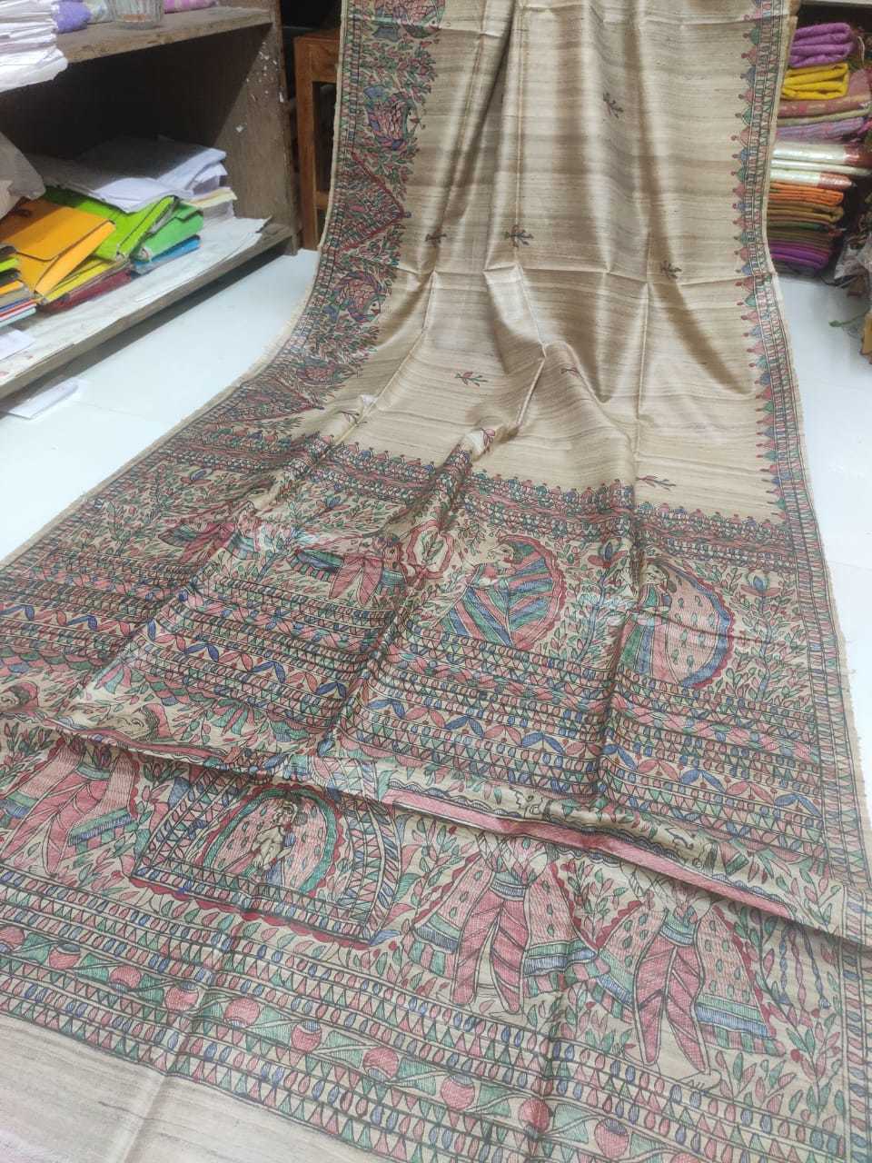 Handwoven Pure Tossor Madhubani Hand Paint Saree