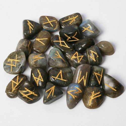 Agate Labrodite Rune Sets - Agate Material, 35mm Round Brilliant Cut, Grey Natural Stone | Attractive Design for Spiritual Practice