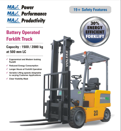 Electric Forklift Truck - 2 Ton Capacity, 4500mm Lift Height, Yellow | Features Advanced Regenerative Braking, Self-diagnostic Display, Hydrostatic Power Steering, Ergonomic Controls, Durable Steel Frame
