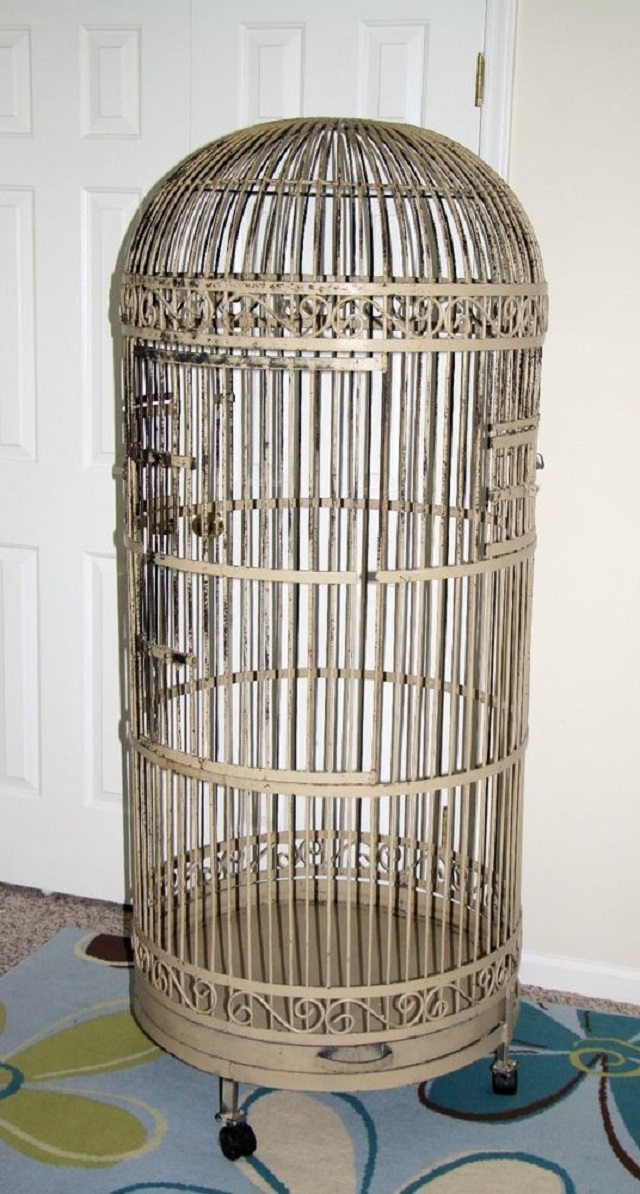 Powder Coated Large Vintage Wrought Iron Ornate Beige Bird Cage
