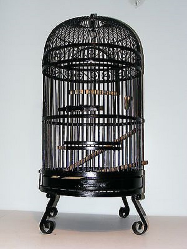 Powder Coated Large Vintage Wrought Iron Ornate Beige Bird Cage