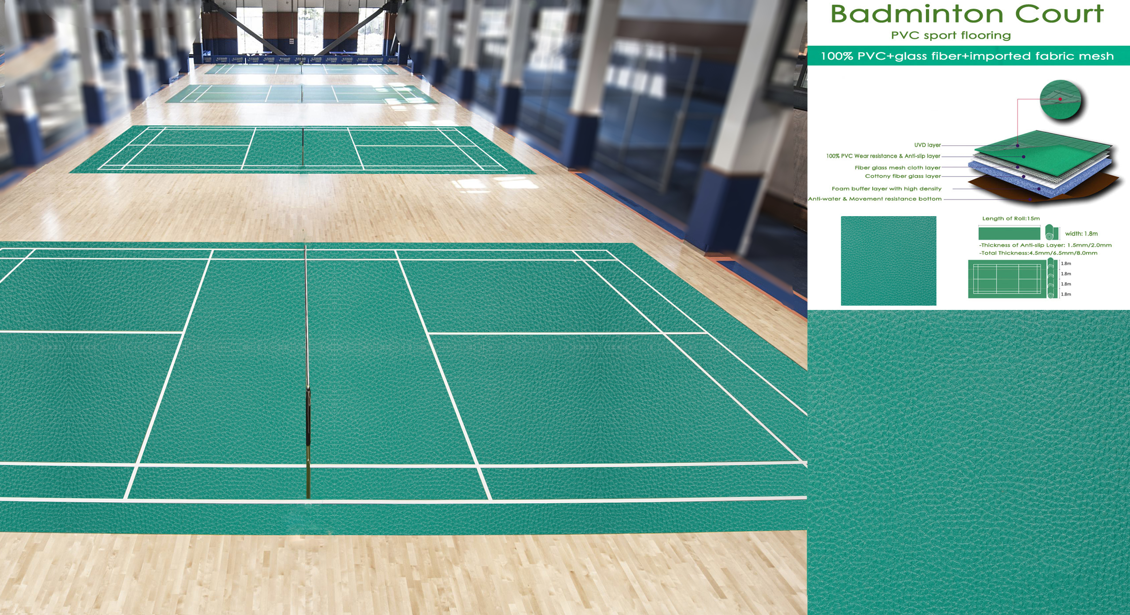 Bwf Approval 4.5mm Green Sand Surface For Badminton Courts Flooring - Pvc Material, 1.8m X 15m Roll Size, Green Texture | Wear Resistant, Anti-slip, Waterproof, 15-year Lifespan