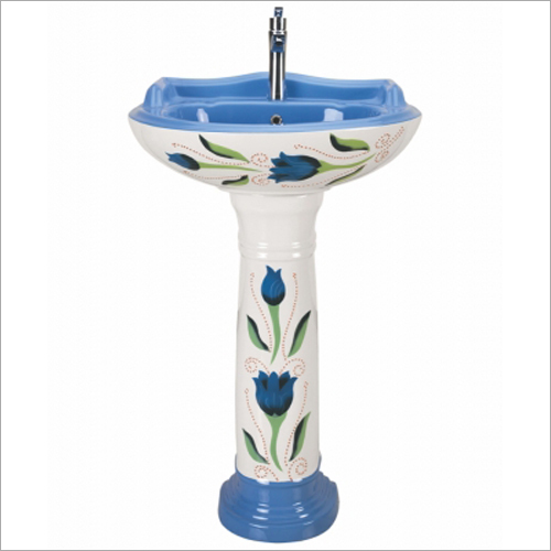 Star Gold Printed Pedestal Wash Basin - Ceramic, White Finish | Durable Design, Versatile Aesthetic, Ideal for Modern Interiors