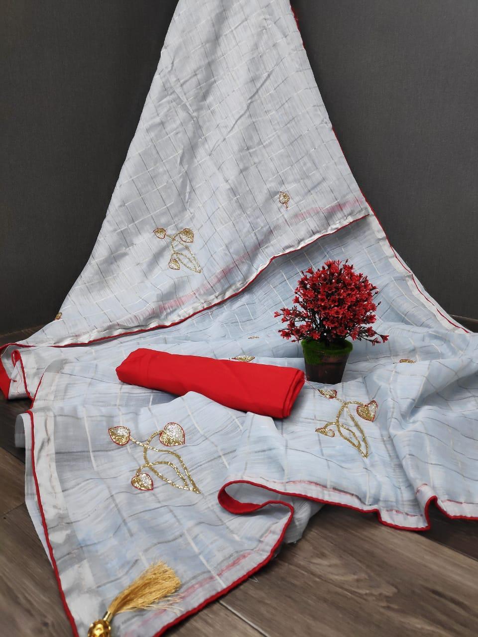 Embroidered Linen Saree With Handwork