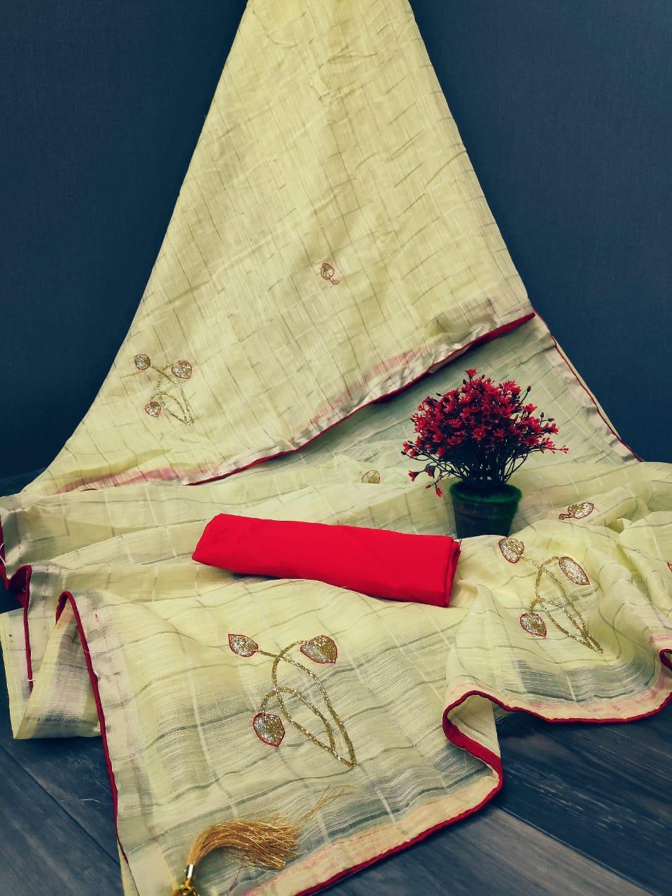 Embroidered Linen Saree With Handwork