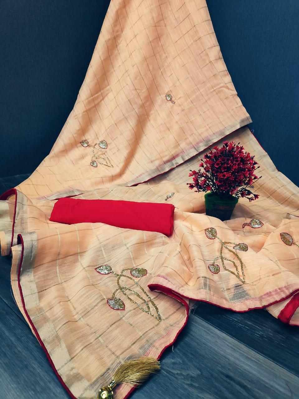 Embroidered Linen Saree With Handwork