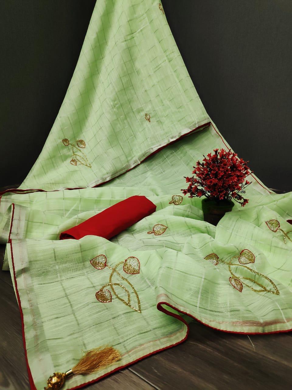 Embroidered Linen Saree With Handwork