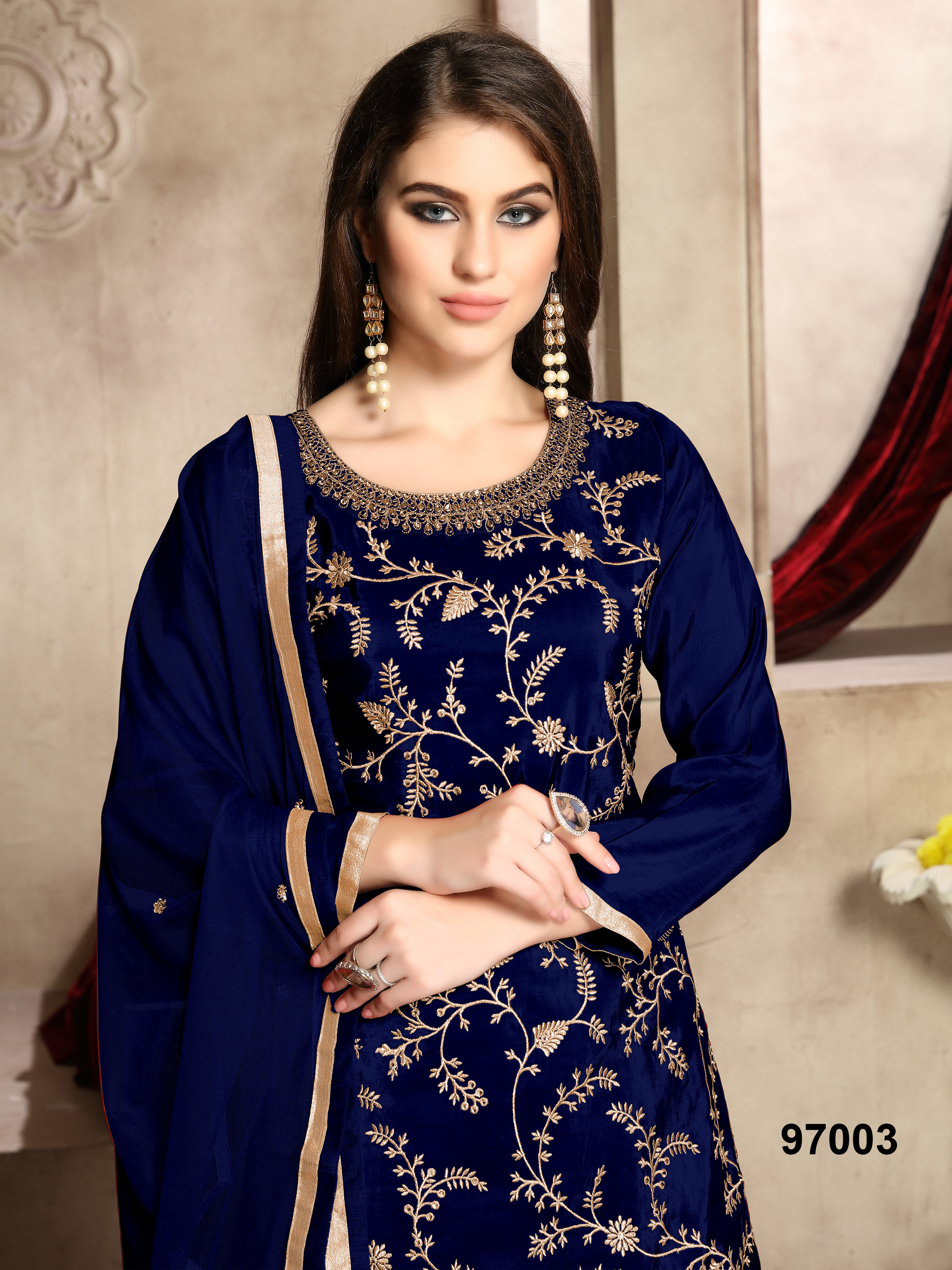 Traditional Suit - Pure Viscose Upada Silk Top, Georgette Plazo Bottom, Net Dupatta | Washable, Embroidered, Full Sleeves, Blue With Stone Decoration
