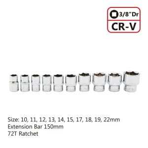 Chrome Vanadium Steel(cr-v) Oem/odm 12pcs 3/8 Dr 10-22mm Crv Socket 72 Tooth Wrench Hand Tool Set