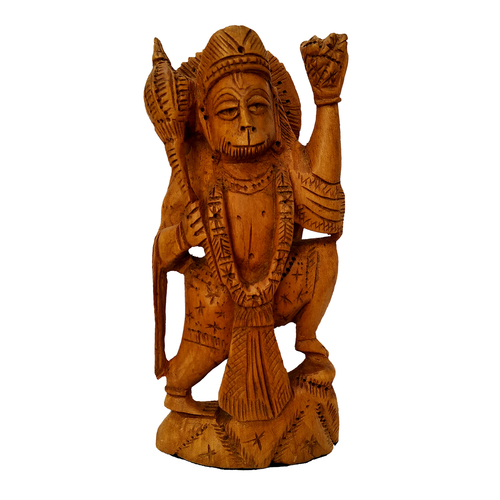 Wooden Hanuman Statuette - 15 cm Height, 10 cm Length | Hand Carved Kadam Wood, Easy to Clean, Polished Finish, Hindu Art Theme, Mukut & Jewelry Adornments