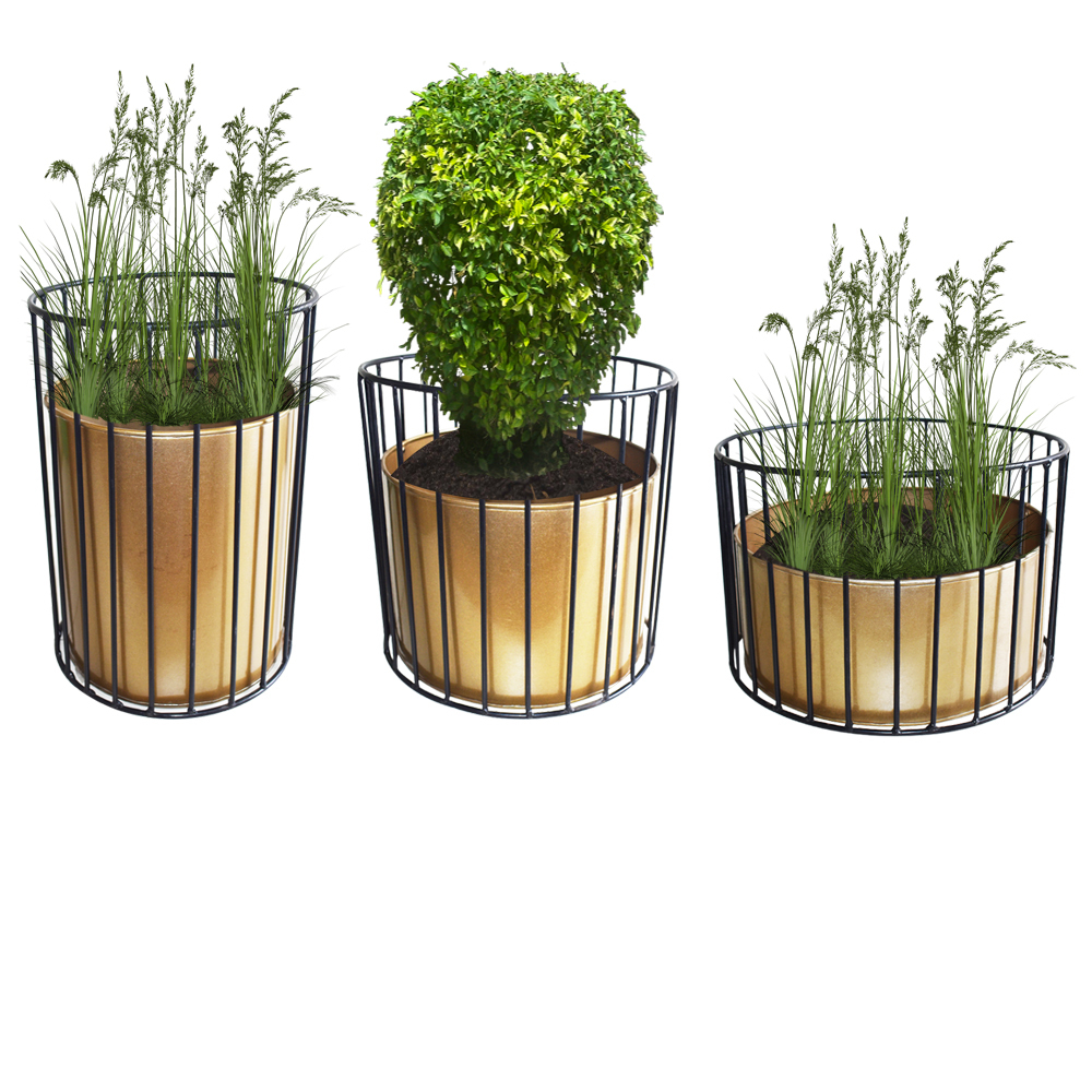 Golden & Black Metal Wire Based Planter Stand With Metal Pot- Set Of 3