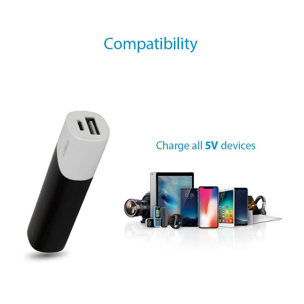 Bluei Lb-01a - 2600mah Portable Charger | Lightweight, Compact Size 86x22.5mm, Black & White Color Options, Includes Micro Charging Cable