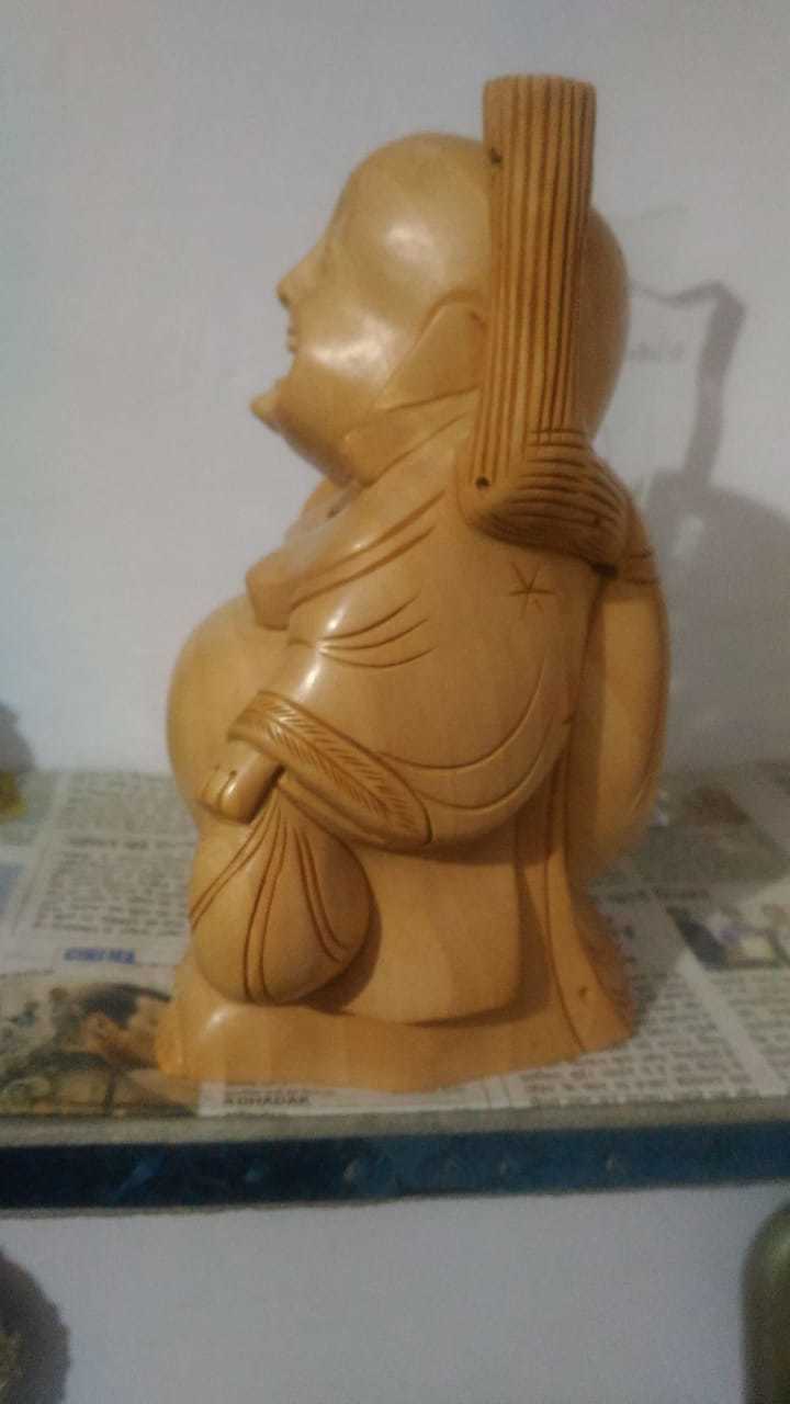 Polishing Hand Carved Wooden Laughing Buddha Stending 15 Cm