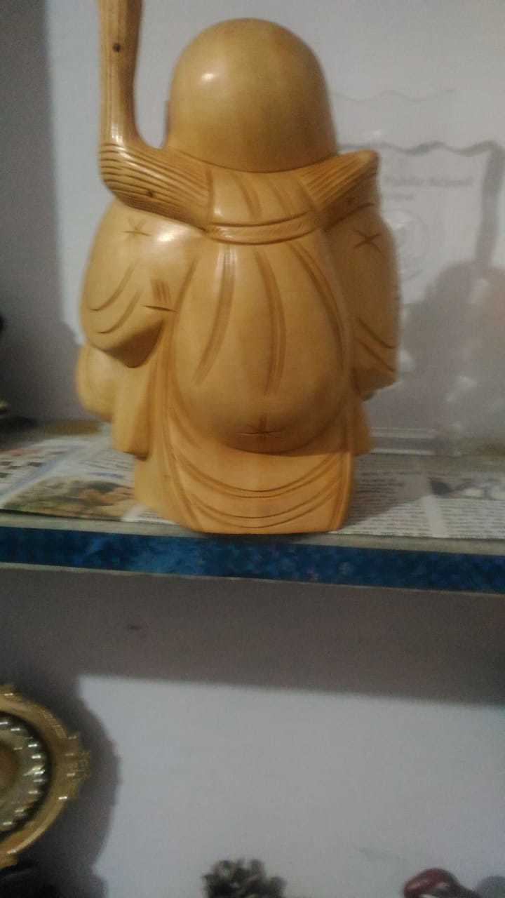 Polishing Hand Carved Wooden Laughing Buddha Stending 15 Cm